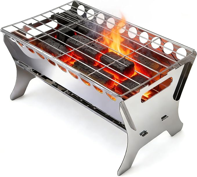 Portable Charcoal Grill, 17" All-Stainless Steel Detachable BBQ Grill, Small Charcoal Stove with Perforated Bottom Vents & Ash Tray, Disassembled Camping Grill