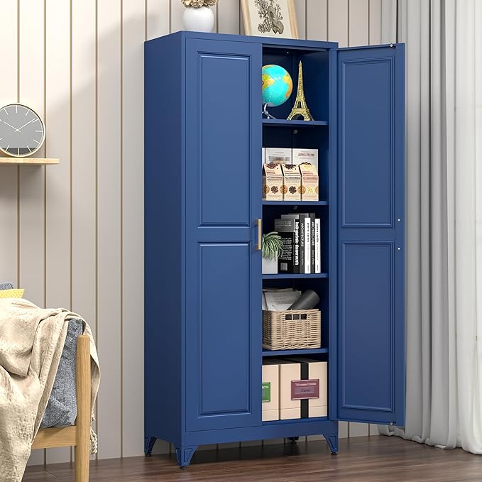 Polup Metal Storage Cabinet,75" Tall Kitchen Pantry Storage Cabinet with Doors and Adjustable Shelves, Blue Metal Pantry Cabinets, Large Cupboard for Kitchen, Dining Living Room, Bathroom, Office