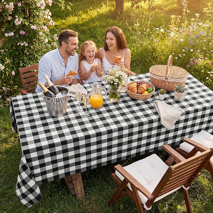 Softalker Gingham Checkered Tablecloth Rectangle - Outdoor Waterproof Buffalo Plaid Table Cloth, Stain Resistant Washable Table Cover for Picnic, Camping, Dining - Black and White, 54 x 108 Inch