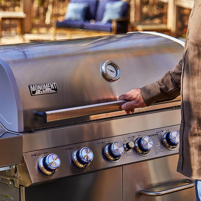 Monument Grills 77352 6+1 Burner Stainless Steel Cabinet Style Propane Gas Grill with Knob Controls, Side Burner, Built-In Thermometer, and Rotisserie Kit