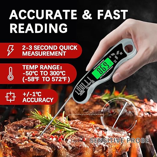 Meat Thermometer Digital，IP67 Waterproof Cooking Thermometer with Backlight, Calibration & Hold Function，Food Thermometer for Cooking,Outdoor Grilling