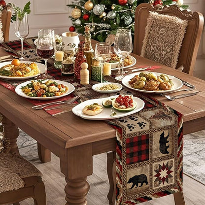 Retro Bear Table Runner,Dining Decor for Kitchen Coffee Table Family Dinners Holiday Parties Wedding Events Decor(13x72 inch)