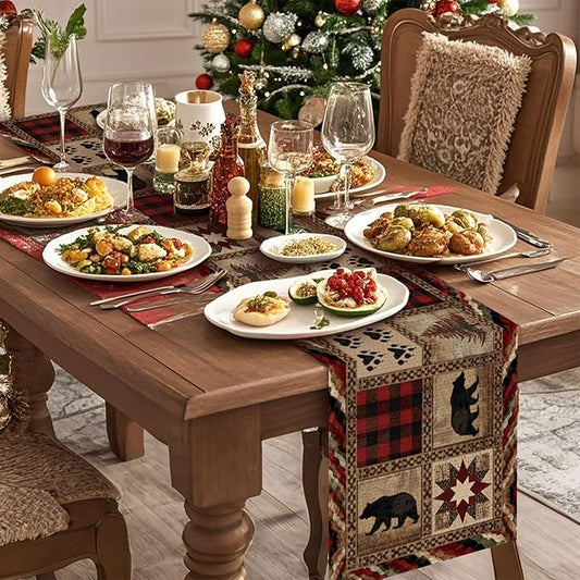 Retro Bear Table Runner,Dining Decor for Kitchen Coffee Table Family Dinners Holiday Parties Wedding Events Decor(13x72 inch)