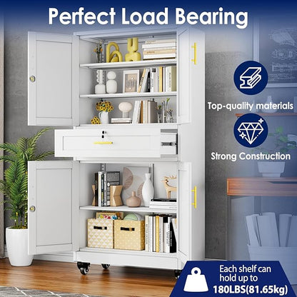 erosoei 75" H Metal Garage Storage Cabinet, Rolling Tool Cabinet with 2 Doors and Wheels, Locker Steel Cabinet with 4 Adjustable Shelves and Drawer, Organization Cabinet for Garage,Office,Home,Gym.