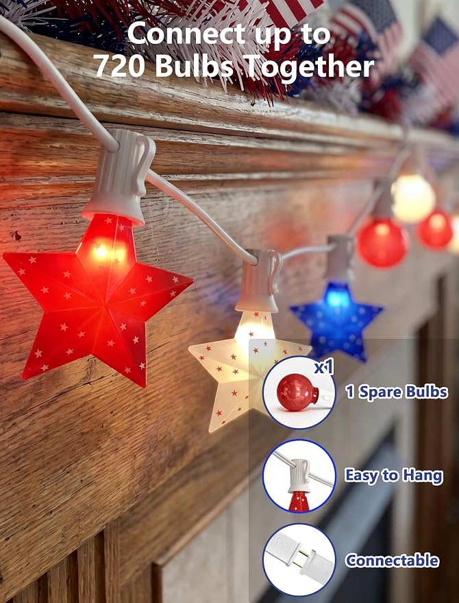 SUNSGNE 25FT Outdoor Red White and Blue String Lights, 25 LED Star & G40 Globe Bulbs, Patriotic Fourth of July Independence Day Decorations for Home Patio Yard
