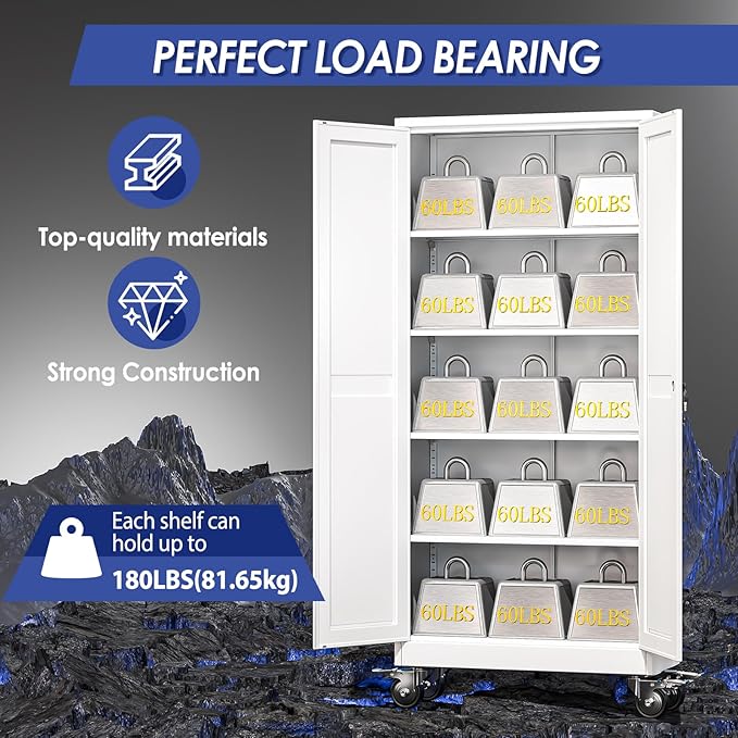 71" Metal Garage Storage Cabinet with Wheels and Locking Doors and Tall Rolling Steel Tool Cabinet with 4 Adjustable Shelves for Garage,Home,Office,Shop (White, 71''H x 30''W x15''D)