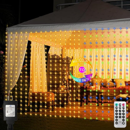 echosari 20Ft x 10Ft Large Curtain Lights Plug in Warm White & Multicolor | 600 LED Dual Color Changing Outdoor Curtain Lights Waterproof Connectable with Remote for Wedding Backdrop Yard Decor