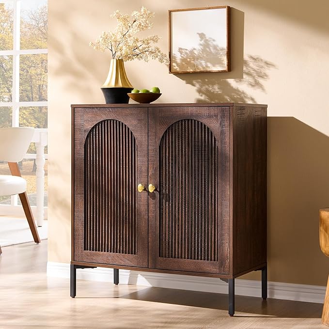 IFBUY Modern Sideboard Buffet Cabinet, 34" Tall Fluted Arched Buffet Cabinet with Storage and Adjustable Shelf, Wooden Modular Coffee Bar Cabinets for Kitchen, Entryway, Brown