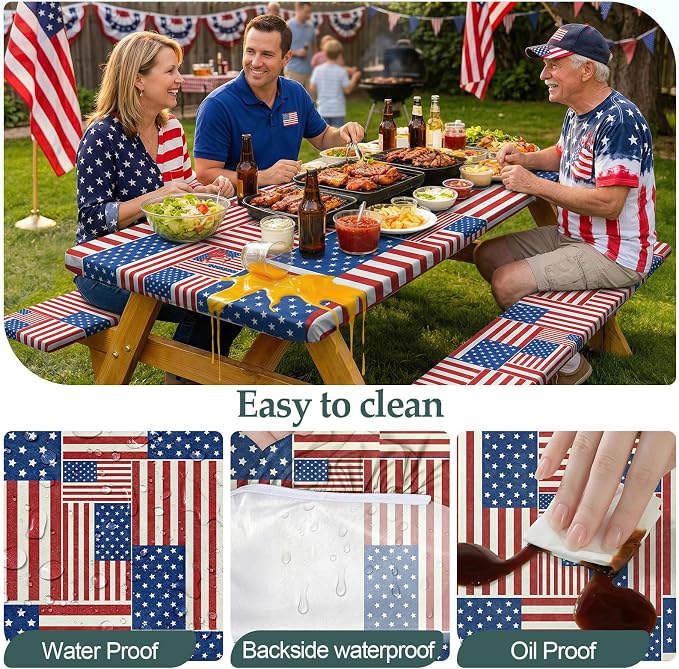Picnic Table Cover with Bench Covers Camping Essentials Waterproof Windproof Camping Tablecloth with Drawstring Bag, Fitted Rectangle Tables and Seats, 96in, Red Blue White