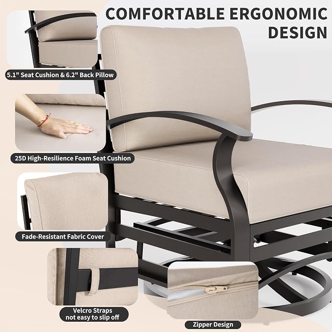 ALAUML Aluminum Outdoor Swivel Chairs High-Back Metal Swivel Rocking Chairs for Patios, Porches, Backyards, and Gardens—Sand