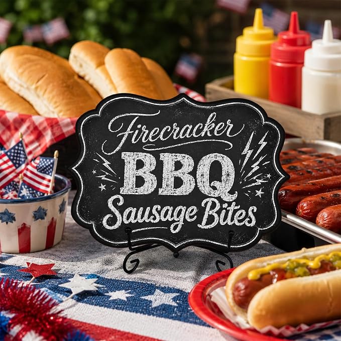 Wooden Food Sign with Metal Stand, Patriotic Hot Dog Buffet Decor for BBQ Party, Food Truck, Restaurant Counter, 5 x 7 Inch Independence Day Tabletop Display - A06