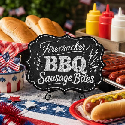 Wooden Food Sign with Metal Stand, Patriotic Hot Dog Buffet Decor for BBQ Party, Food Truck, Restaurant Counter, 5 x 7 Inch Independence Day Tabletop Display - A06