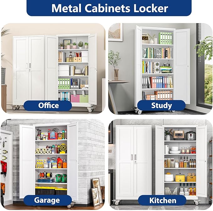 Ckzbx Metal Garage Storage Cabinet with Locking Doors and Adjustable Shelves,71" H Steel File Cabinet with Wheels for Garage,Office (White)