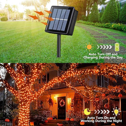 QITONG Orange Solar String Lights, 2 Pack Each 66ft 200 LED Solar Fairy Lights Outdoor Waterproof, Green Wire Twinkle Light with 8 Modes for Outside