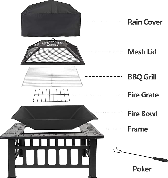 HomGarden 32" Fire Pit Outdoor Patio Square Metal Heater Deck Firepit Backyard Garden Home Stove Burning Fireplace w/Spark Screen,Poker,Cover,Grill