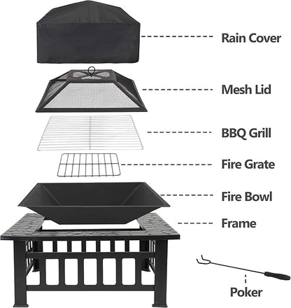HomGarden 32" Fire Pit Outdoor Patio Square Metal Heater Deck Firepit Backyard Garden Home Stove Burning Fireplace w/Spark Screen,Poker,Cover,Grill