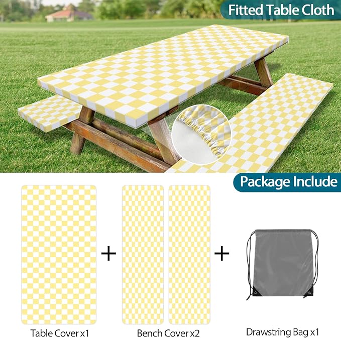 Picnic Table Cover with Bench Covers and Bag, Yellow White Checkered Gingham Buffalo Plaid Camping Tablecloth Waterproof Windproof Elastic Edges Fitted Tablecloths for Outdoor Garden 3PCS 30x96 Inch
