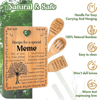 Meme Gifts - "Recipe for a Special Meme" Meme Gifts for Grandma Cutting Board Set, Bamboo-Made Engraved Utensil Set Gifts for Meme Cutting Board, Mothers Day Gifts for Meme.