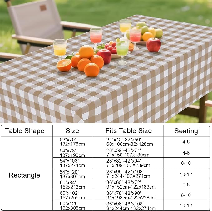 Smiry Oval Table Cloth, Vinyl Tablecloths with Flannel Backing, 60"x84" | Waterproof Picnic Table Cloth, Wipeable Buffalo Plaid Table Cover for Indoor and Outdoor (Khaki & White)