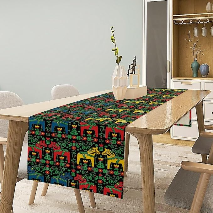 Swedish Dala Horse Folk Table Runner Scandinavian Gift Sweden Decoration Rustic for Garden Farmhouse Wedding Party Holiday Dinner Home 13x60 Inch