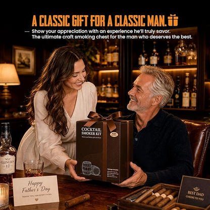 Whiskey Smoker Kit with Charred Wood Barrel (Patent Pending) – Cocktail Smoker with Torch & 6 Premium Wood Chips for Old Fashioned & Whiskey – Perfect Home Bar Gift for Men, Dad, Husband (No Butane)