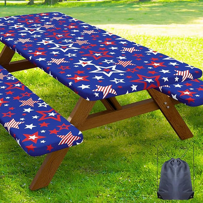 Smiry Picnic Table Cover with Bench Covers, Waterproof Elastic Fitted Tablecloth for 6 Foot Tables, Washable Polyester Tablecloths for Camping & Patriotic Decor (Navy Blue & Red, 30x72 Inch 3-pc Set)