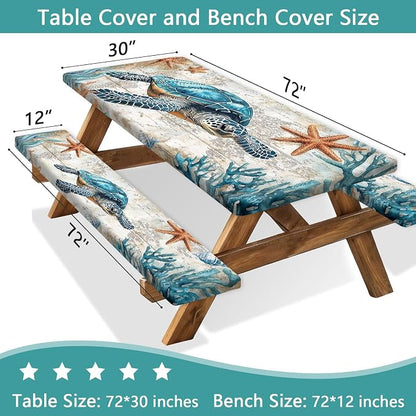 Picnic Table Cover with Bench Covers 6FT Camping Essentials Beach Sea Turtle Ocean Fitted Camping Tablecloth Windproof Waterproof Oilproof with Elastic Edge for Indoor Outdoor 3PCS 30x72 Inch