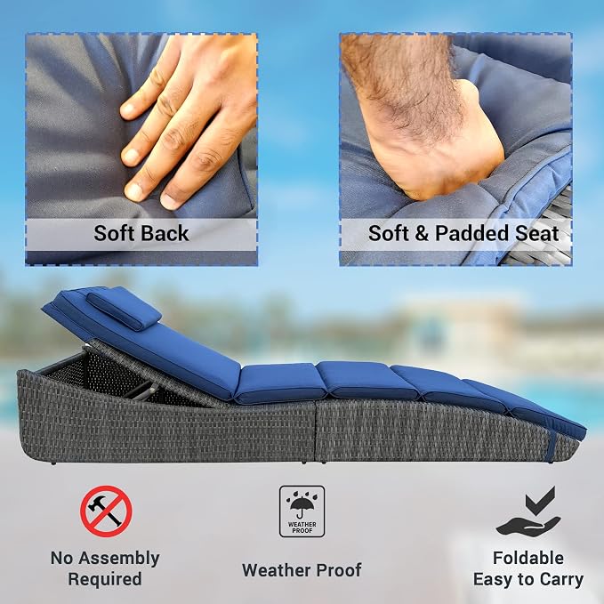 BTEXPERT Outdoor Chaise Lounges Pool Cushioned Chair Wicker Patio Rattan Poolside Folding Space Saving Sun Lounger Adjustable Backrest Couch Reclining Fully Assembled Two Piece Blue