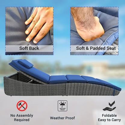 BTEXPERT Outdoor Chaise Lounges Pool Cushioned Chair Wicker Patio Rattan Poolside Folding Space Saving Sun Lounger Adjustable Backrest Couch Reclining Fully Assembled Two Piece Blue