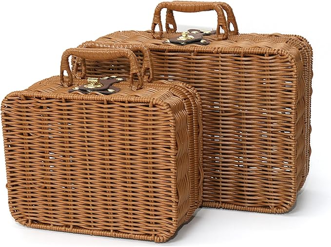 2pcs Mini Wicker Picnic Basket, Decorative Prop Suitcase Vintage Storage Hamper Makeup Organizer, Metal Lock Rattan Storage Box with Handles for Sundries Travel Camping and Outdoor Party (Brown, L+S)