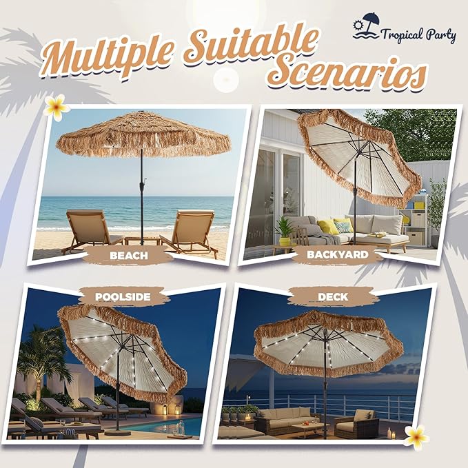 CroBlissful 9 ft Solar Tiki Umbrella with 32 LED Lights, Hula Thatched Patio Umbrella, UPF 50+, Hawaiian Style Beach Parasol for Garden, Beach, Pool, and Backyard