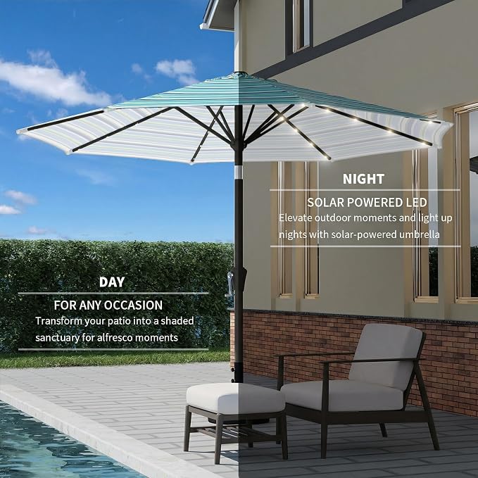9FT Patio Umbrella with Solar Lights,Outdoor Market Umbrella with Tilt and Crank, LED Lighted Table Umbrella for Garden,Deck,Backyard,Pool,Beach (Blue Green Stripes)