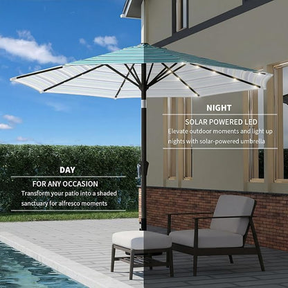 9FT Patio Umbrella with Solar Lights,Outdoor Market Umbrella with Tilt and Crank, LED Lighted Table Umbrella for Garden,Deck,Backyard,Pool,Beach (Blue Green Stripes)