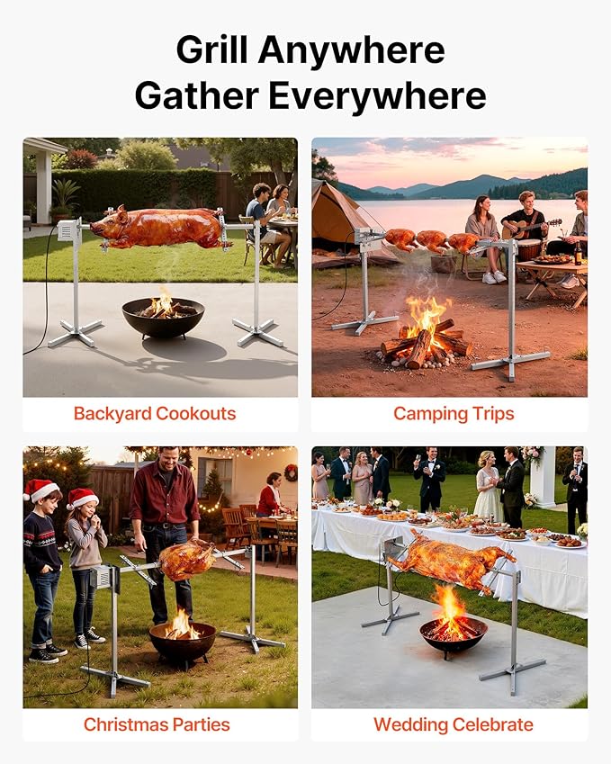 VEVOR Rotisserie Grill, 8 Level Height Stainless Steel Electric Rotisserie Grill Kit, 132 lbs Load Capacity BBQ Grills Rotisseries Kit with 38W Motor, Automatic Grilling Kits for Parties