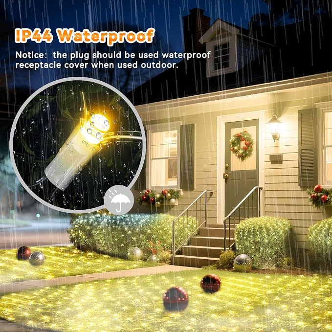 LitHome 34.5FT x 5FT Christmas Net Lights Outdoor Mesh Lights Connectable | 8 Modes 610 LED Waterproof Warm White Christmas Mesh Light for Bushes, Garden, Backyard, Xmas, Holiday Decor, Clear Wire
