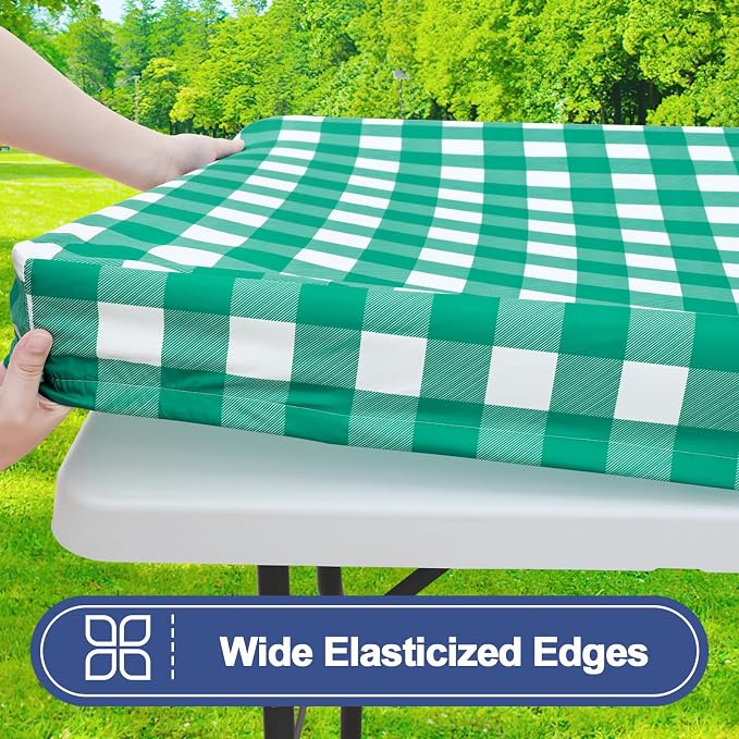 Smiry Picnic Table Cloth 2 Pack, Waterproof Elastic Fitted Tablecloths for 8FT Rectangle Tables, Washable Polyester Buffalo Plaid Tablecloth for Camping, Dining & Outdoor (Green & White, 30" x 96")
