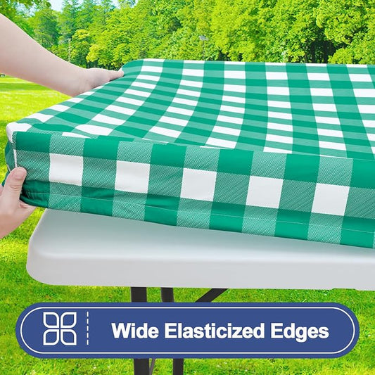Smiry Picnic Table Cloth 2 Pack, Waterproof Elastic Fitted Tablecloths for 8FT Rectangle Tables, Washable Polyester Buffalo Plaid Tablecloth for Camping, Dining & Outdoor (Green & White, 30" x 96")