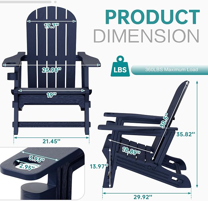 Shintenchi Adirondack Chairs Set of 2,HDPE Adirondack Chair w/Removable Tablelop & Umbrella Hole,All-Weather Wooden Textured Plastic Outdoor Chairs w/Cup Holder for Garden Backyard Pool,Dark Blue