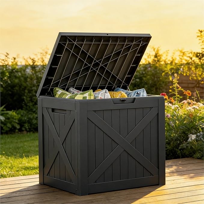 35 Gallon Outdoor Deck Box - Lockable Waterproof Storage Container, Resin Weatherproof Box for Patio Garden Furniture Pool Tools Cushions, Black