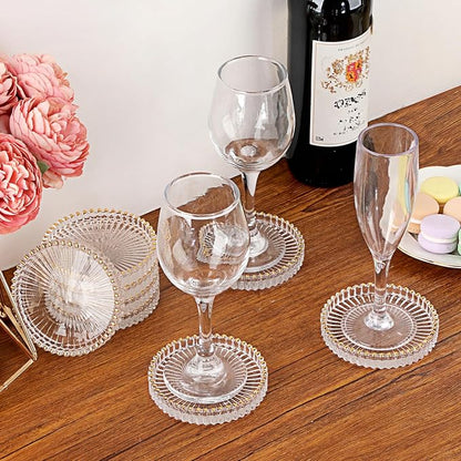 Modern Clear Coaster Set of 8 Glass Coasters for Drinks, Crystal Coasters Round Cup Mat Coffee Table Decor for Office, Kitchen, Bar, Dining Room, Living Room, Patio (Clear with Gold Rim)