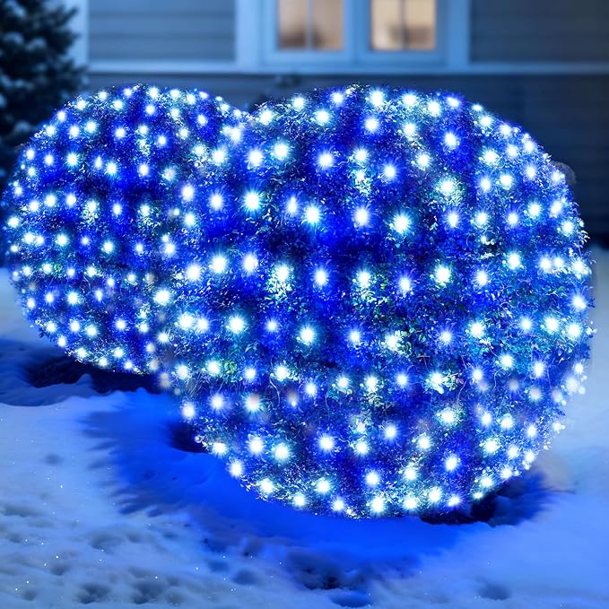 Led Christmas Net Lights Outdoor Christmas Bushes Lights 120Led 6ftx5ft, Connectable Outdoor Indoor Mesh Net Lighting for Xmas Holiday, Garden, Lawn, Shrubs, Trees, Bushes Decorations(White and Blue)