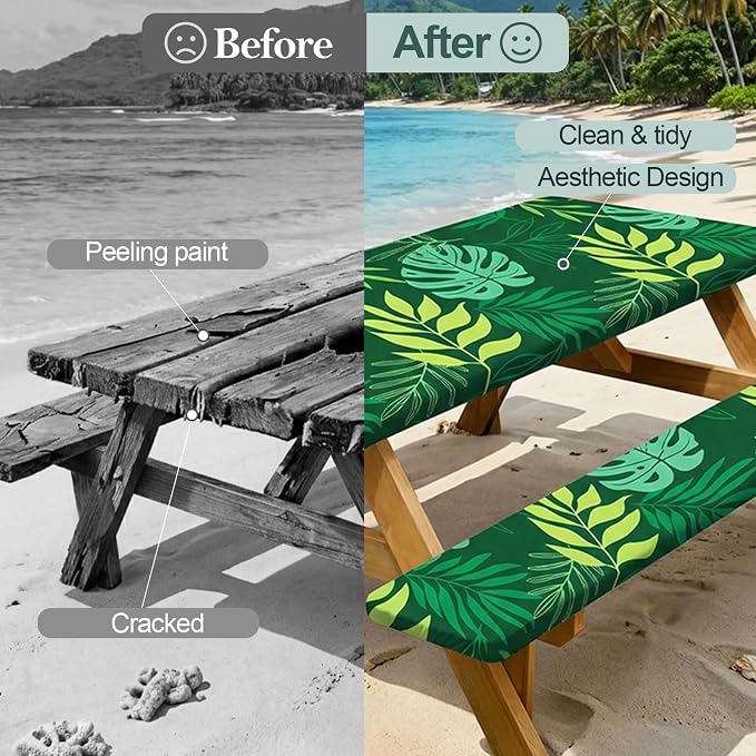 Picnic Table Cover Bench Covers Camping Essentials Tablecloth | Waterproof Vinyl for Outdoor, Windproof Elastic Fitted Edges, RV BBQ Accessories Must Haves, Storage Bag Included
