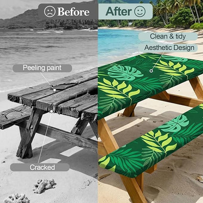 Picnic Table Cover Bench Covers Camping Essentials Tablecloth | Waterproof Vinyl for Outdoor, Windproof Elastic Fitted Edges, RV BBQ Accessories Must Haves, Storage Bag Included