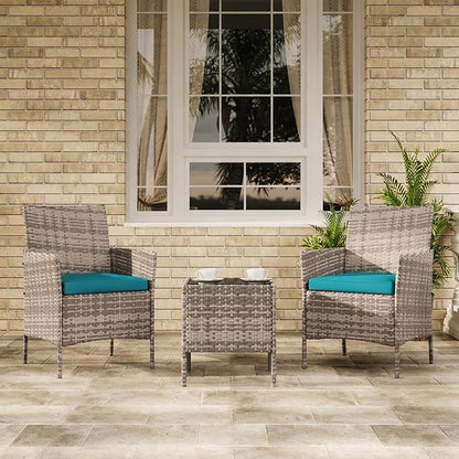 3-Piece Outdoor Furniture Set, PE Rattan Wicker Chairs with Soft Cushions & Tempered Glass Coffee Table - All-Weather Patio Set for Garden, Backyard, Porch, Poolside (Grey/Peacock Blue)
