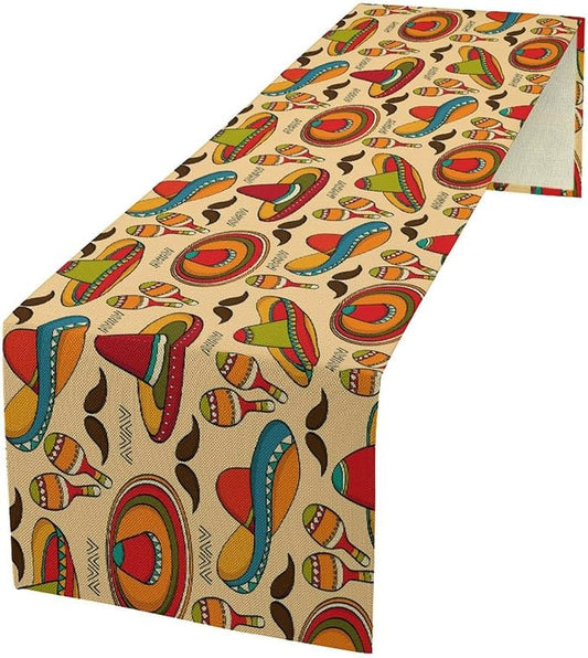 Mexican Style Table Runners,Orange Hats Exotic Music Upholstery Fabric Wedding Coffee Table Runner, Farmhouse Style Table for Kitchen Dining Table WeddingGraduationParty 13x60 Inch