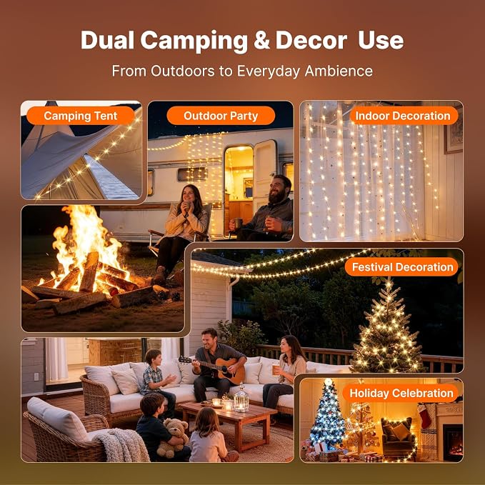 OGERY Solar Camping String Lights, 5400mAh/ 49.2FT/ 11 Modes Rechargeable Camping Lights Outdoor/Indoor, 4-in-1 Quick Storage Fairy Tent Lights Portable LED Lamp for Patio Yard Party Decor Essentials | Camping Lights Outdoor/Indoor, 4-in-1 Quick Storag...