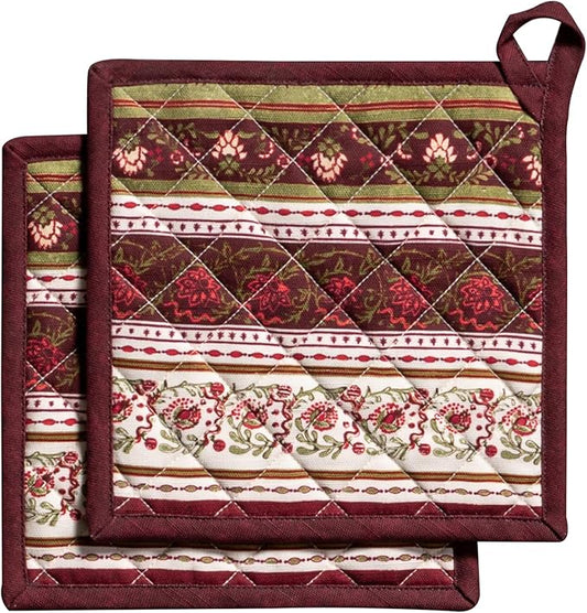 Maison d' Hermine Pot Holders Set 100% Cotton Heat Resistant Potholders 8" x 8" Hot Pads with Loop for Thanksgiving Christmas Decorations Baking Handling Hot Pans (Pack of 2, Reveillon Au Jardin)