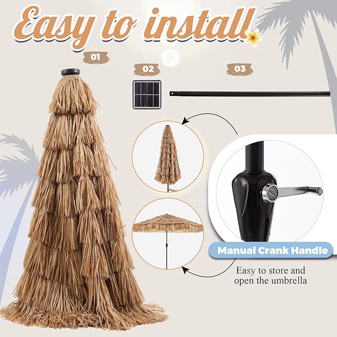 CroBlissful 10 ft Solar Tiki Umbrella with 32 LED Lights, Hula Thatched Patio Umbrella, UPF 50+, Hawaiian Style Beach Umbrellas for Garden, Beach, Pool, and Backyard