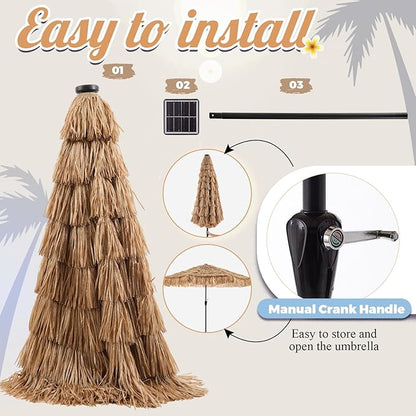 CroBlissful 10 ft Solar Tiki Umbrella with 32 LED Lights, Hula Thatched Patio Umbrella, UPF 50+, Hawaiian Style Beach Umbrellas for Garden, Beach, Pool, and Backyard