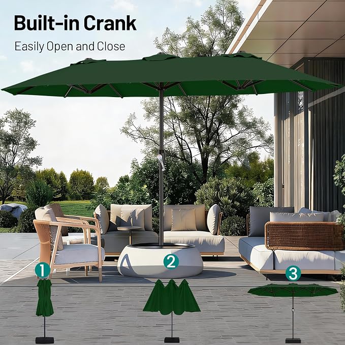 AreShark 15FT Outdoor Patio Umbrella with Crank, Large Rectangular Market Umbrella, Double-Sided Outdoor Umbrellas with Cross Base & Sandbag for Porch, Lawn, Pool, Backyard, Dark Green